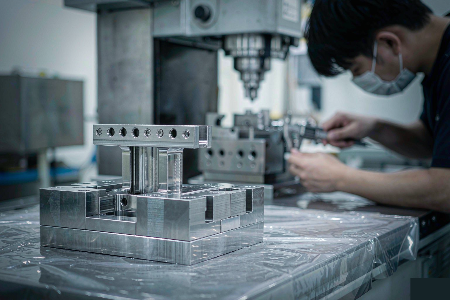 Precision steel injection mold on a CNC machining workbench