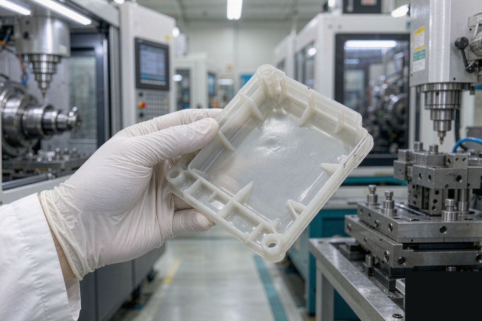 Technician inspecting a white plastic injection molded part in a mold workshop