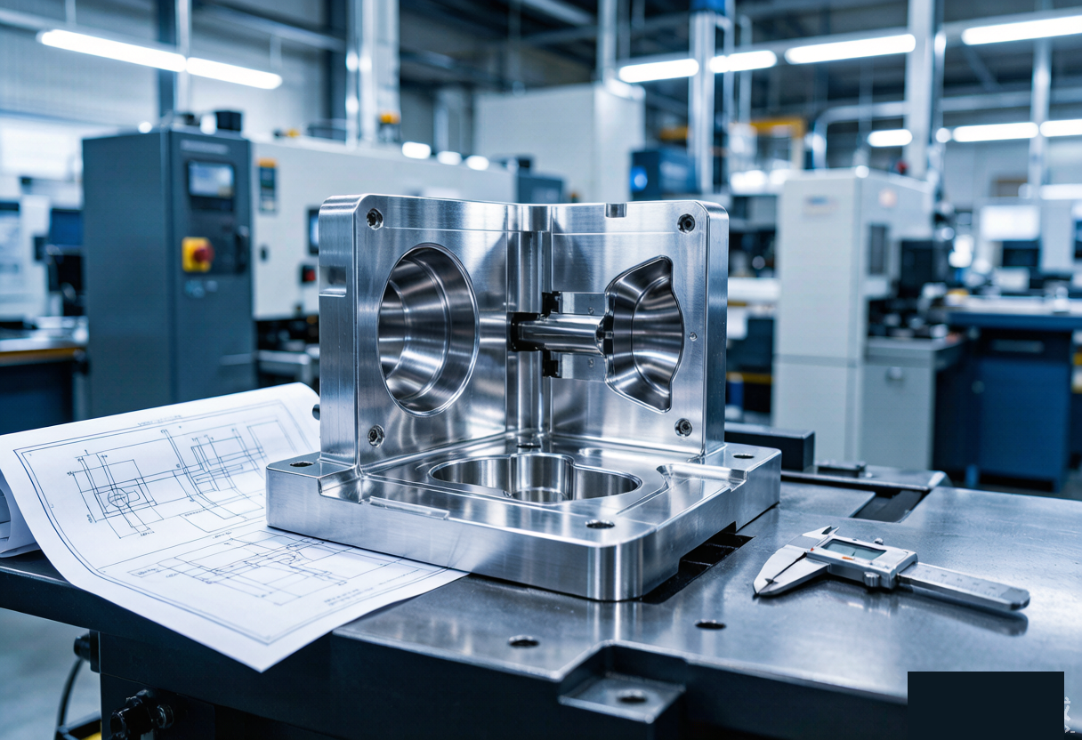 High-precision steel injection mold on a CNC machining workbench