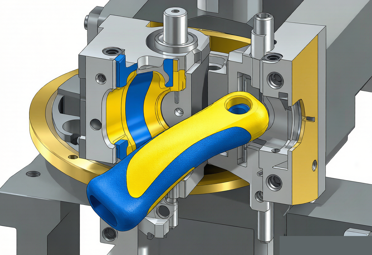 Two-shot injection molding with two-color plastic product and rotating platen mold