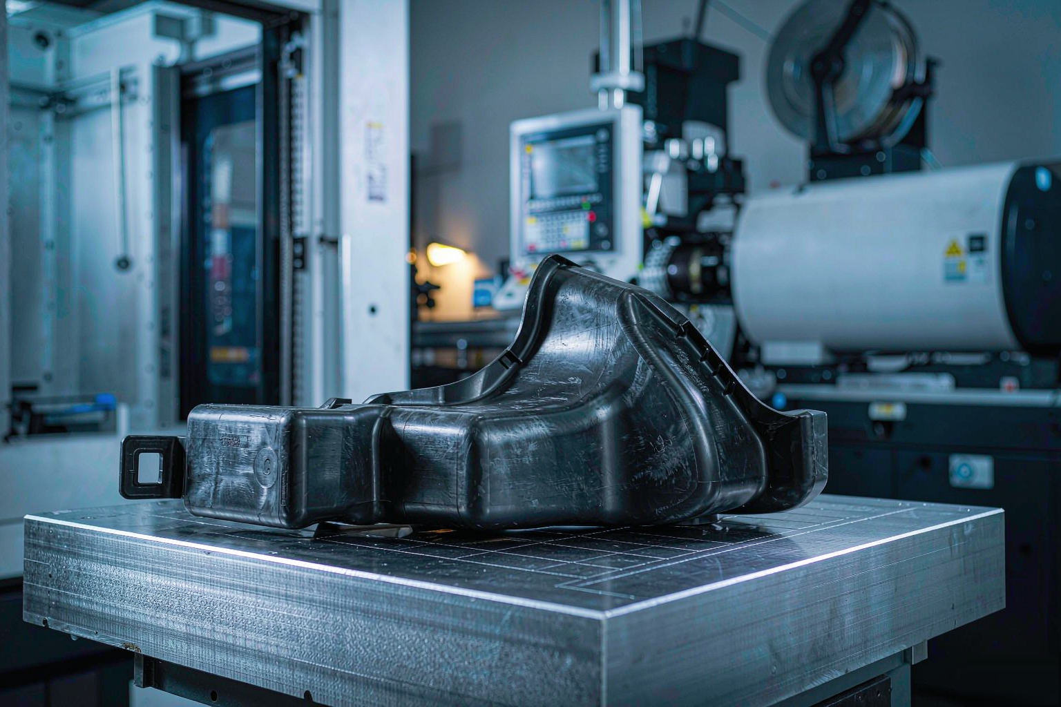 Automotive injection molded black interior component resting on a polished steel mold in a tool shop