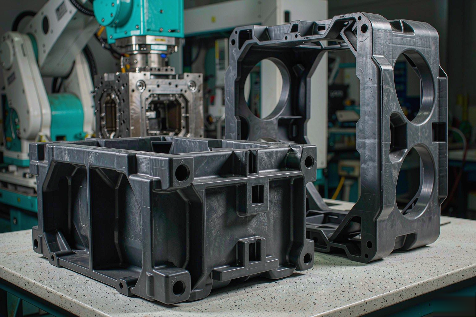 Industrial injection molded components: heavy-duty equipment housing and structural bracket