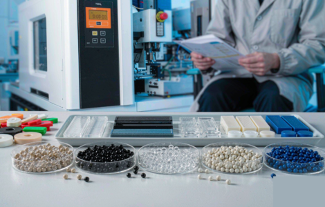 Selection of plastic resin pellets in petri dishes (PP, ABS, PC, PA nylon, POM acetal) on a lab bench in front of an injection molding machine with a technician reviewing a material datasheet