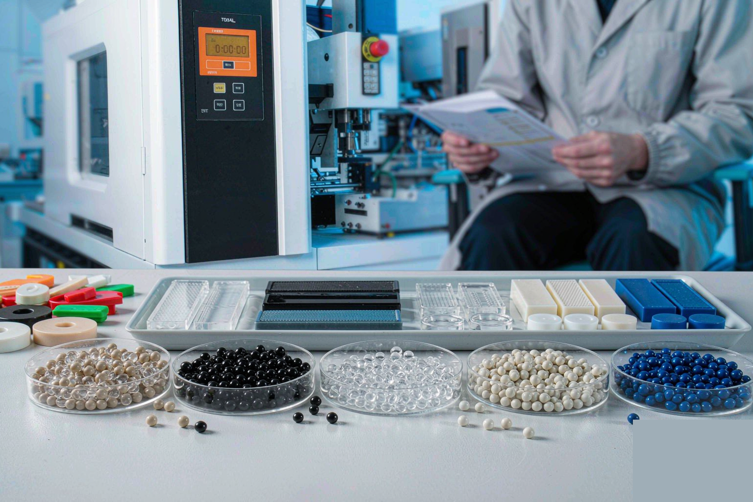 Selection of plastic resin pellets (PP, ABS, PC, PA nylon, POM acetal) on a lab bench in front of an injection molding machine