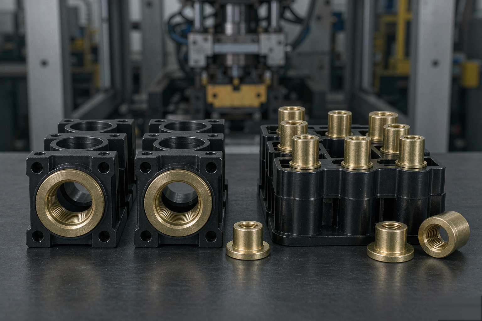 Insert molding: brass threaded inserts and metal pins encapsulated in black injection molded plastic parts