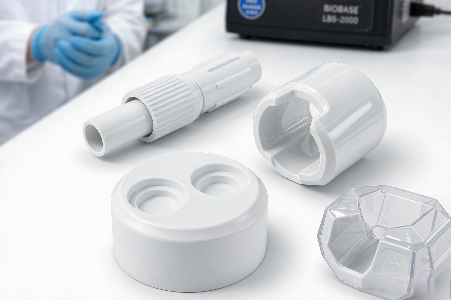 Medical injection molded components: white plastic device parts and transparent housings in a clean manufacturing environment