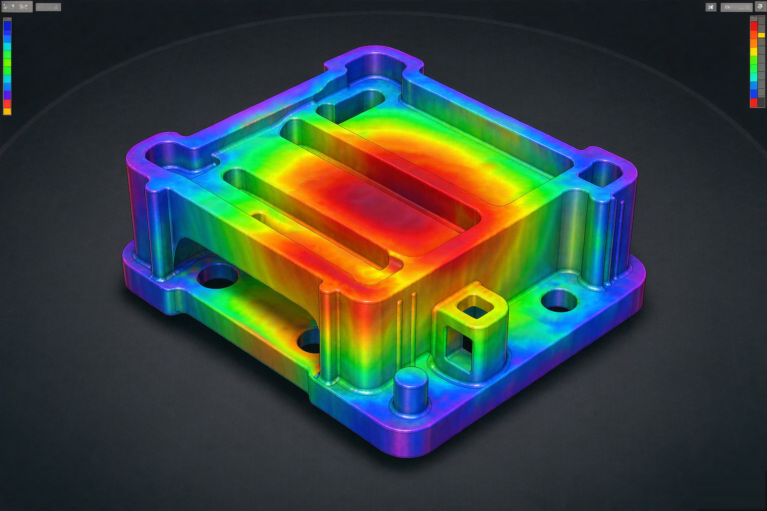Mold flow analysis visualization with fill-time contour bands on an injection molded part