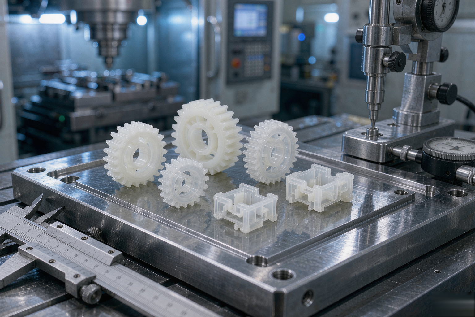 Precision injection molded gears and connector housings on a polished steel mold with inspection instruments