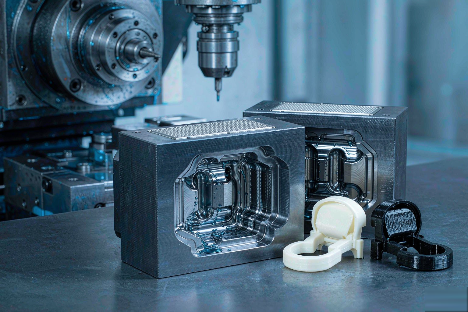 Rapid tooling: machined aluminum prototype mold blocks with prototype plastic parts
