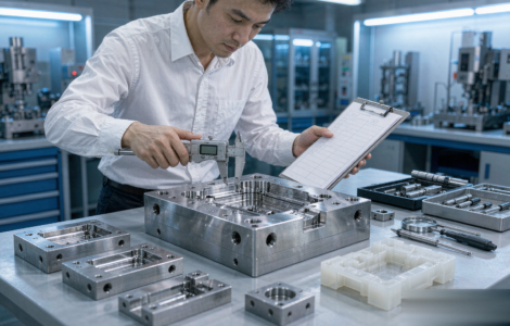 Engineer inspecting a polished steel injection mold with digital calipers and a quality inspection checklist in a mold manufacturing workshop