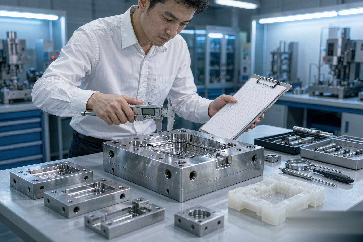 Engineer inspecting a polished steel injection mold with digital calipers and a quality inspection checklist in a mold manufacturing workshop